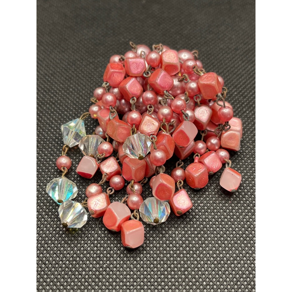 Vintage Pink Faux Pearl Moonglow AB Crystal Waterfall Cluster Brooch Pin Goldton